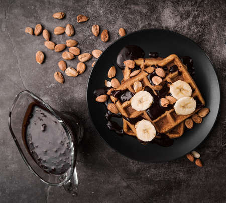 top view belgian waffle with banana. High quality photoの写真素材