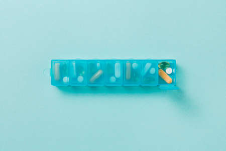 top view pill box with medicine table. High quality photoの写真素材