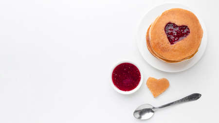 top view fruit jam with pancakes. High quality photoの写真素材