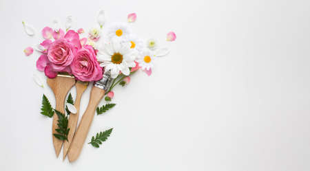 top view roses flowers painting brush. High quality photoの写真素材