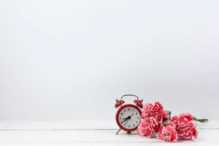 carnation red flowers red alarm clock white wooden surface. High quality photoの写真素材