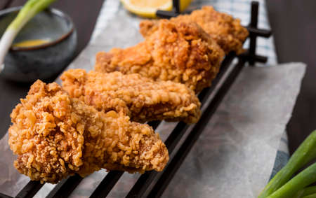 fried chicken wings tray green onions. High quality photoの写真素材