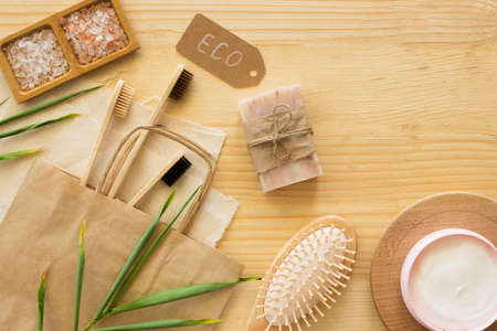bamboo toothbrushes soap top view. High quality photoの写真素材