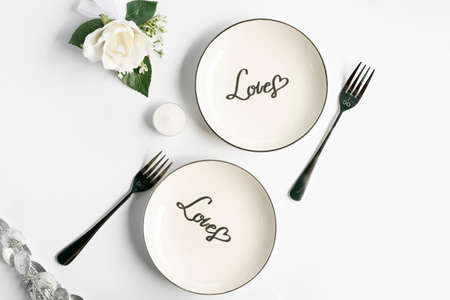 top view wedding plates with white background. High quality photoの写真素材