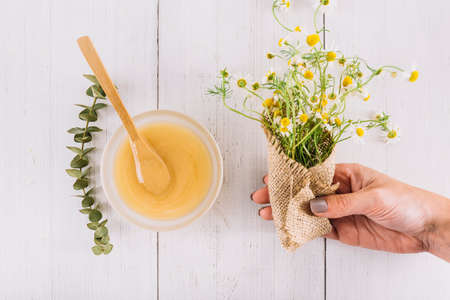 woman s hand holding bunch chamomile flowers near bowl lemon curd. High quality photoの写真素材