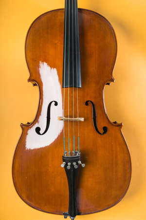 wooden violin with string yellow background. High quality photoの写真素材