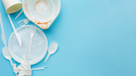 hazardous waste nature plastic plates cutlery. High quality photoの写真素材