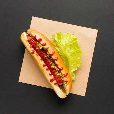 hot dog with lettuce top view. High quality photoの写真素材