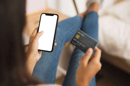 hands holding phone card mock up. High quality photoの写真素材