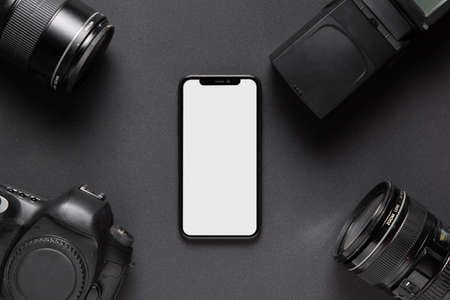 graphy concept with camera accesories smartphone middle. High quality photoの写真素材