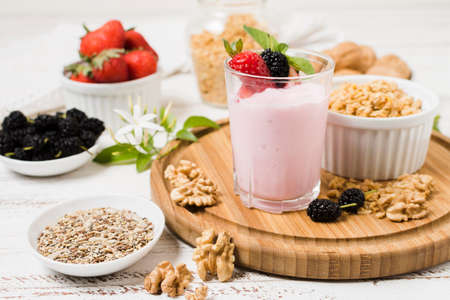 high angle yoghurt glass with fruits. High quality photoの写真素材