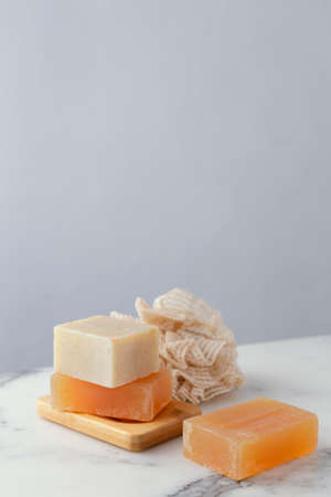 wooden board with soap. High resolution photoの写真素材