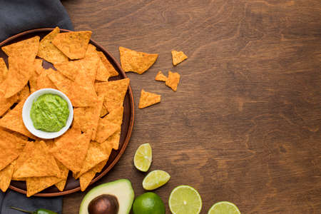 top view tasty nachos with fresh guacamole. High resolution photoの写真素材