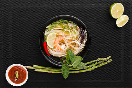 top view noodles bowl with asparagus. High resolution photoの写真素材