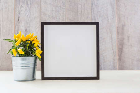 yellow hot chili peppers silver pot white picture frame table. High resolution photo