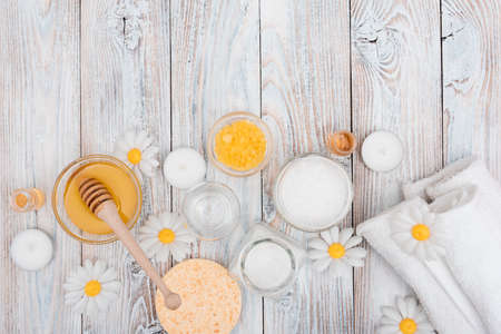wooden background with spa essentials. High resolution photoの写真素材