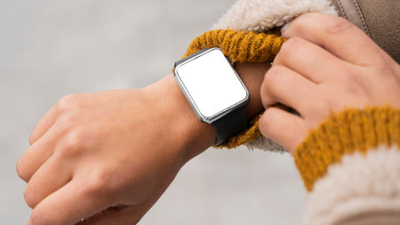 woman wearing blank smartwatch. High quality photoの写真素材