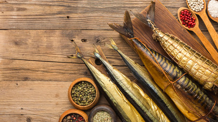 top view smoked fishes wooden tableの写真素材