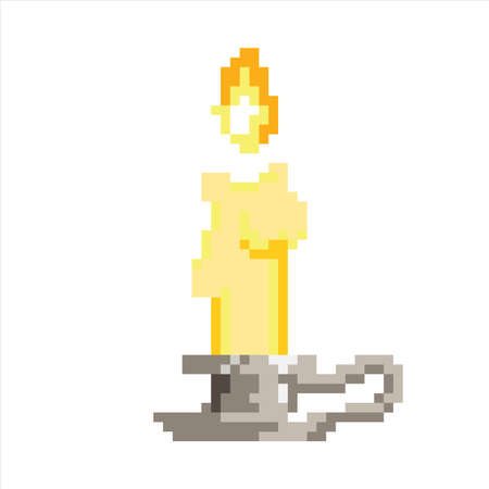 Lighted candle on a stand in the pixel art style on a white backgroundのイラスト素材