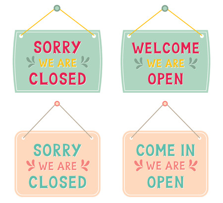 Closed and open isolated signs, text in hand lettered fontのイラスト素材