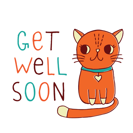 Get Well Soon, a vector card with a hand drawn red catのイラスト素材