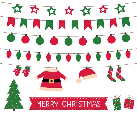 Santa clothes bunting and Christmas lights, vector decoration setのイラスト素材