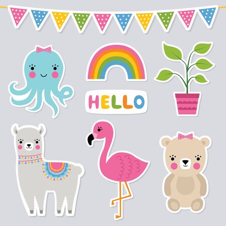Cute animal stickers, vector setのイラスト素材