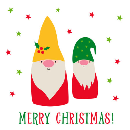 Greeting card with cute cartoon Christmas gnomesのイラスト素材