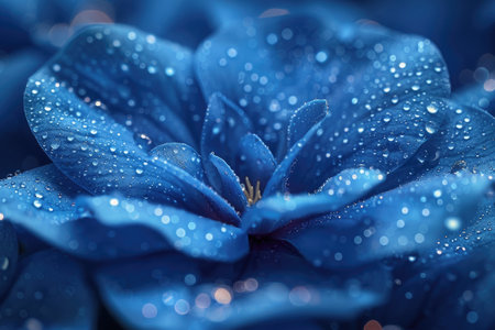 A close up of a blue flower with water droplets on itの素材