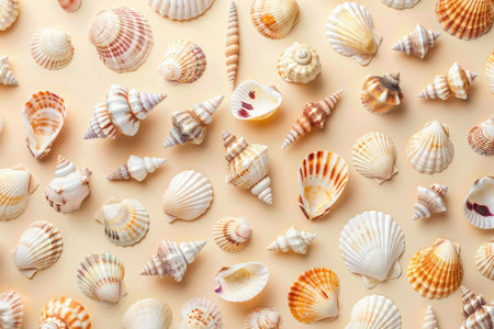 Various seashells background, flat lay, top viewの素材