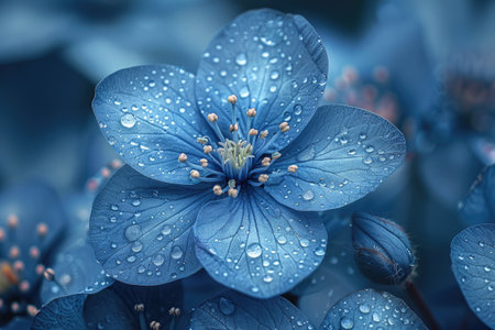 A close up of a blue flower with water droplets on itの素材