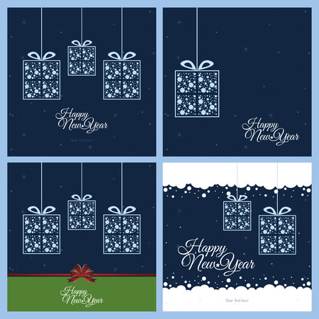 a set of blue backgrounds with text, stars and presents for new yearのイラスト素材
