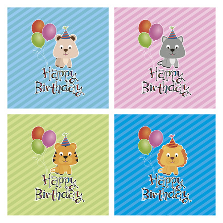 Set of backgrounds with text and happy animals for birthday. Vector illustrationのイラスト素材
