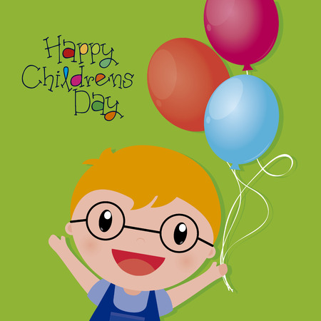 Happy boy on a green background with text. Vector illustrationのイラスト素材