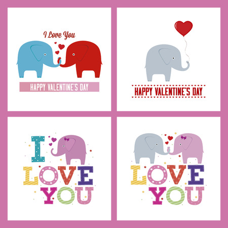 Set of colored backgrounds with text and elephants for valentine's dayのイラスト素材