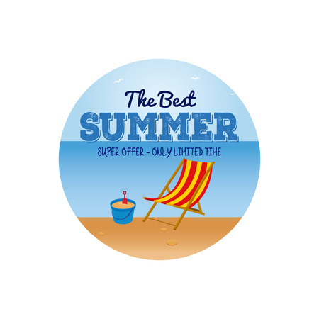 Isolated sticker with text, a chair and a sand bucket on a beach landscapeのイラスト素材