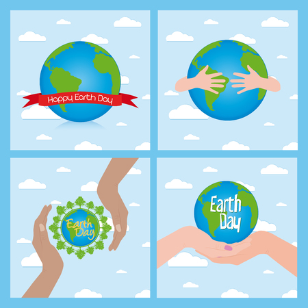 Set of colored backgrounds with text and our planet for earth dayのイラスト素材