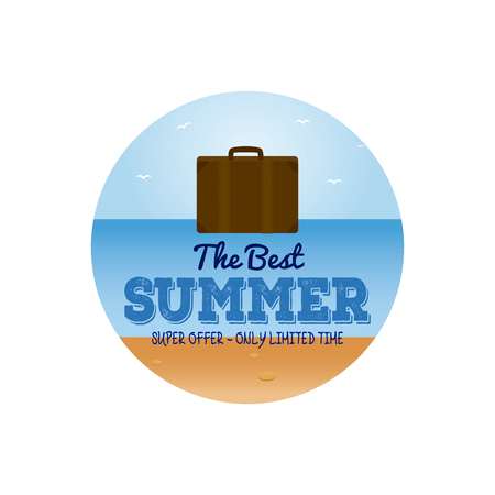Isolated sticker with text and a travel bag on a beach landscapeのイラスト素材
