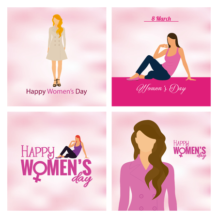Set of colored backgrounds with text and women for women's dayのイラスト素材