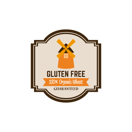 Isolated label with text and a mill building for gluten free productsのイラスト素材