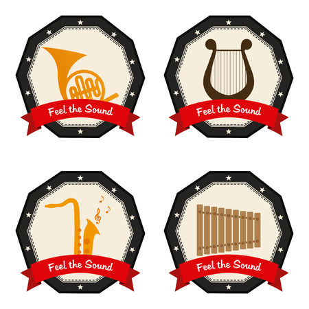 Set of banners with ribbons with text and different musical instruments on a white backgroundのイラスト素材