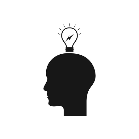Isolated head of a person and a sketch of a lightbulb with a thunder icon on a white backgroundのイラスト素材