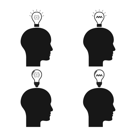Set of silhouettes of heads with lightbulbs and different iconsのイラスト素材
