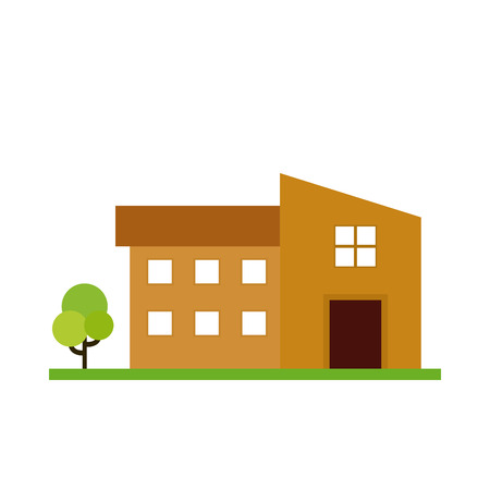 Isolated building with a pair of trees on a white backgroundのイラスト素材