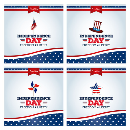 Set of backgrounds with text and different icons for independence day celebrationsのイラスト素材