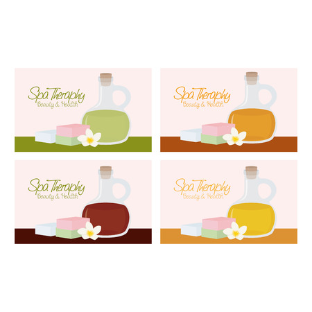 Set of spa business cards with flasks of lotions, text, flowers and soapsのイラスト素材
