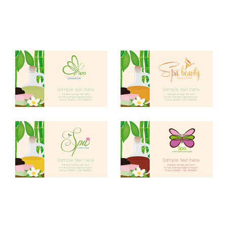 Set of spa business cards with some spa objects, butterflies icon and textのイラスト素材