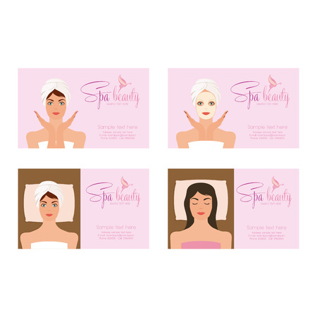 Set of spa business cards with women in towels, butterflies icon and textのイラスト素材