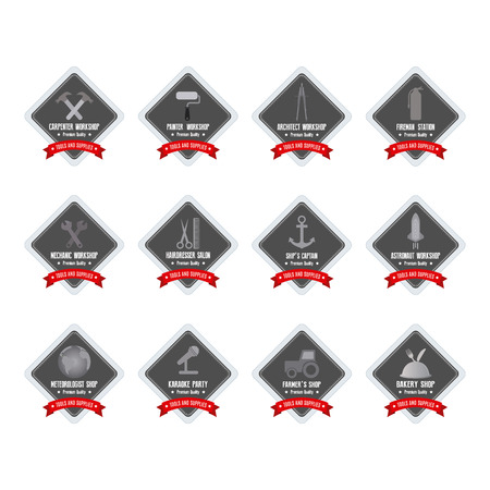 Set of labels with text and different construction icons on a white backgroundのイラスト素材