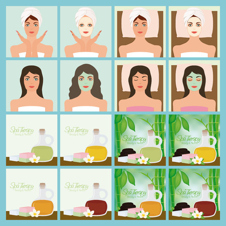 Set of different spa illustrations on a colored backgroundのイラスト素材